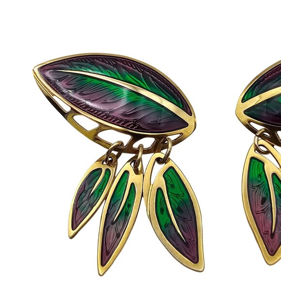 Berebi Enamel Leaf Drop Earrings Purple Green Pierced Gold Tone - Picture 4 of 10